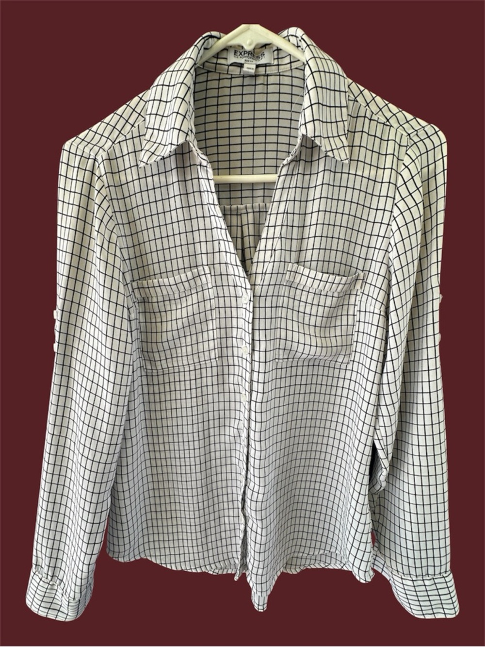 Express White Blouse with Black Grid-Check Pattern Women’s Small